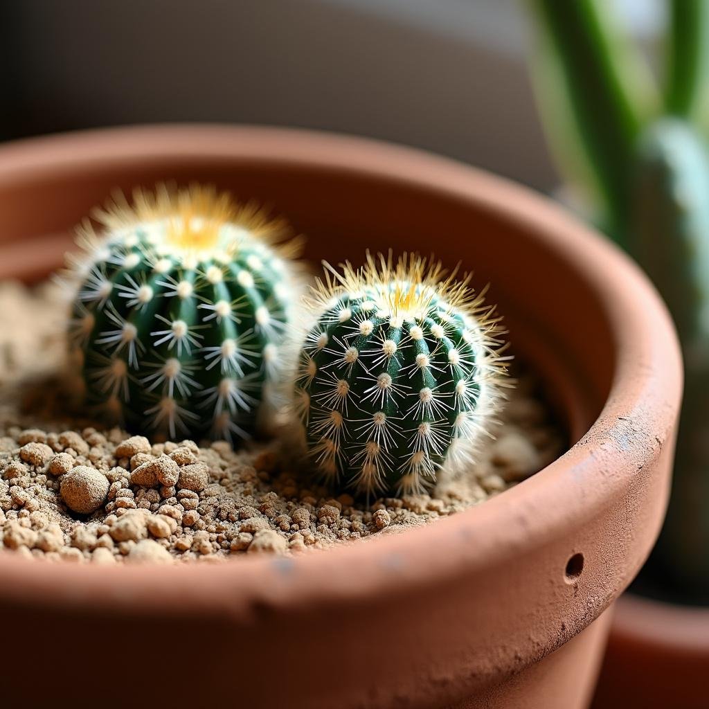 Vaso de barro com cacto e vaso de plástico com planta verde, ilustrando diferentes materiais.