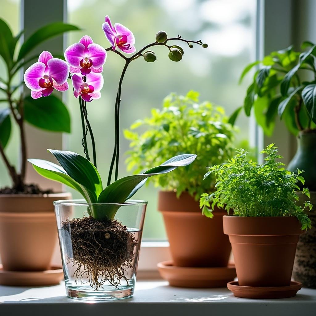 Orquídea, samambaia e ervas em diferentes tipos de vasos, mostrando a escolha ideal para cada planta.