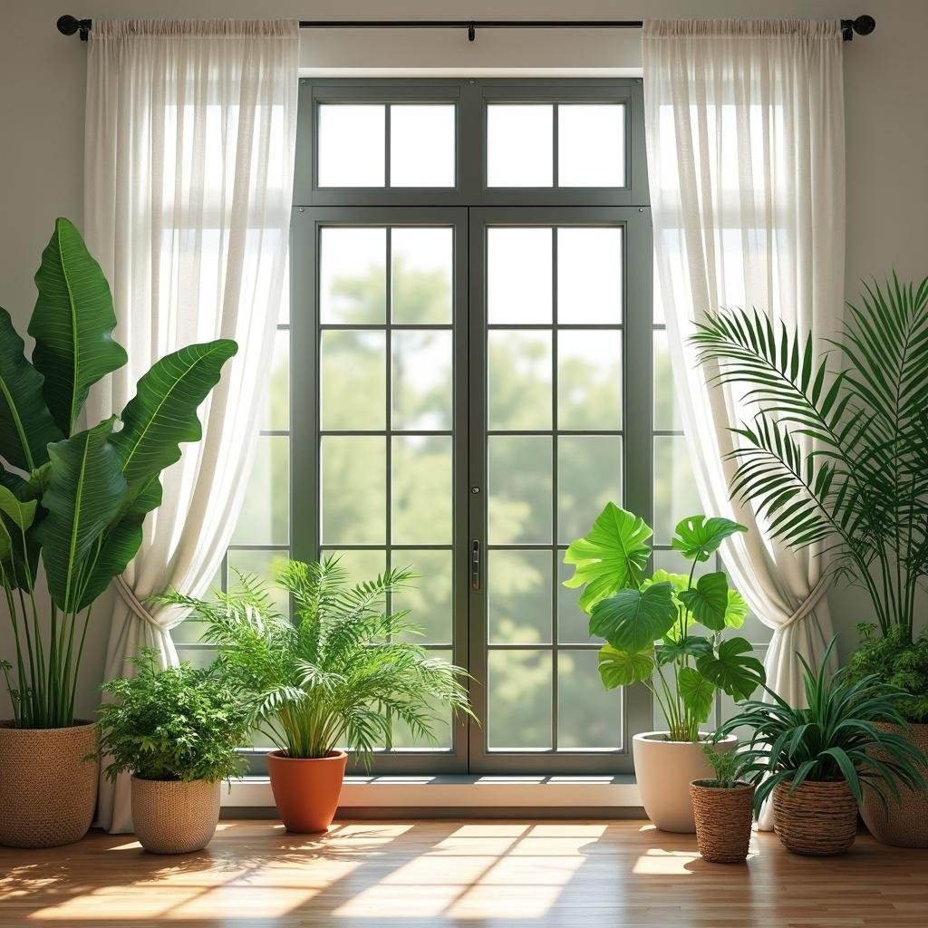 Sala iluminada com janelas grandes, cortinas brancas e plantas de interior como samambaias e zamioculcas em vasos.