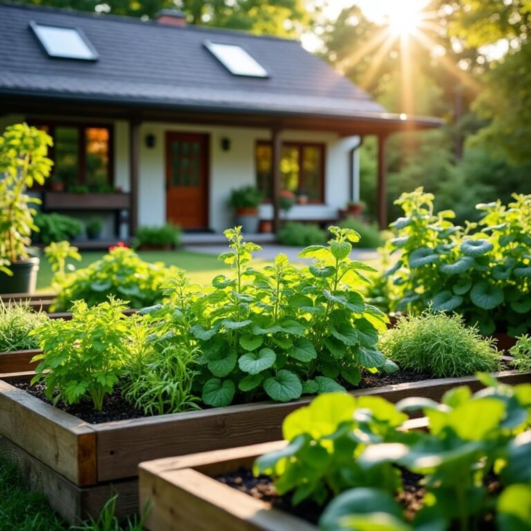 Horta caseira exuberante com vegetais frescos e ervas aromáticas, iluminada pelo sol da manhã.