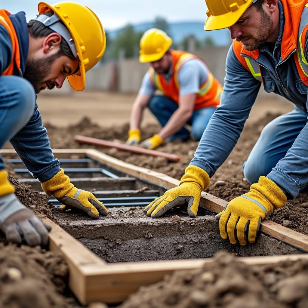 Operários trabalhando na fundação de uma casa em construção.