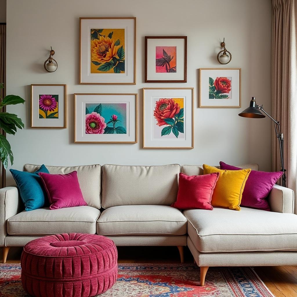 Sala de estar decorada com móveis modernos, iluminação natural e plantas de interior, perfeita para quem busca conforto e funcionalidade no dia a dia.