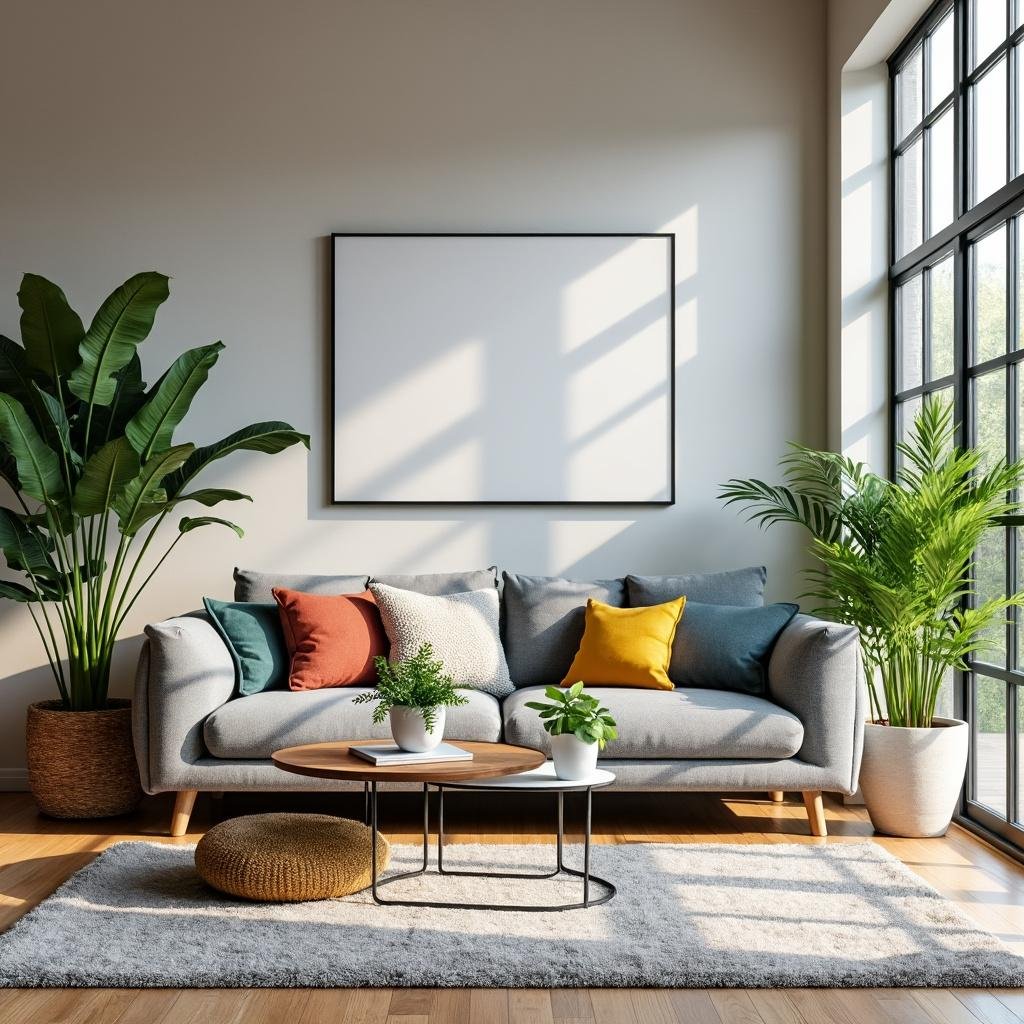 Sala de estar aconchegante e funcional, decorada com sofá moderno, almofadas coloridas, mesa de centro minimalista e plantas naturais.