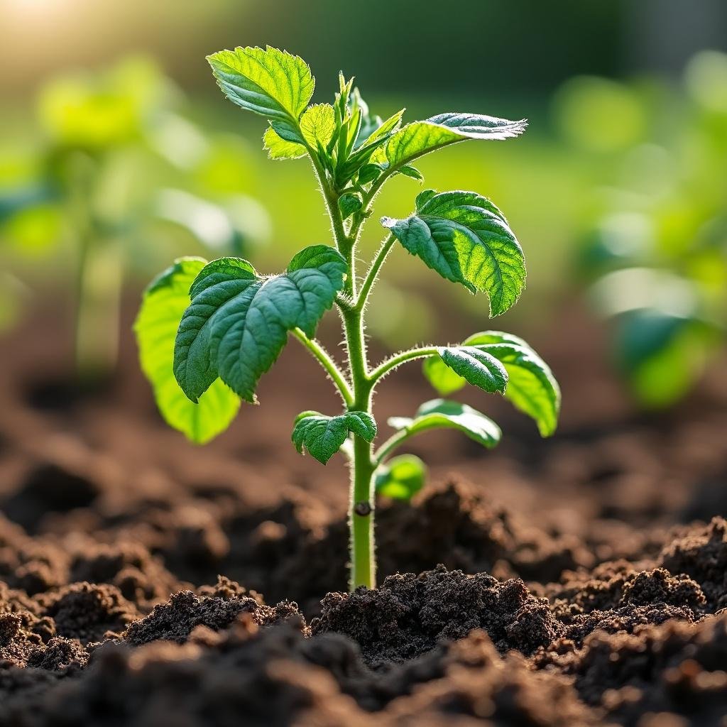 Plantando muda de tomate em canteiro de horta caseira.