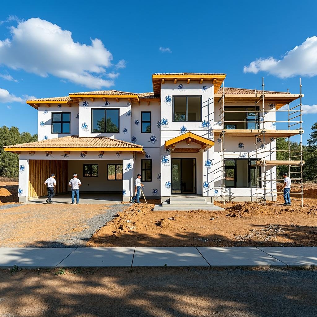 Casa em construção em terreno próprio, com andaimes e operários.