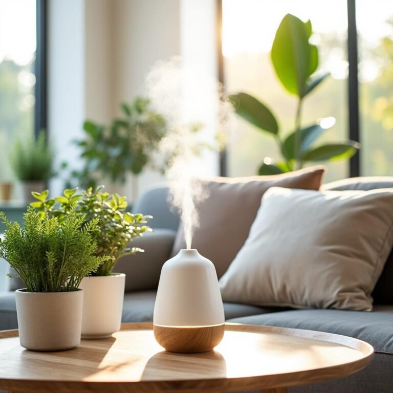 Sala de estar com difusor de aromas e plantas, transmitindo sensação de casa cheirosa e acolhedora.
