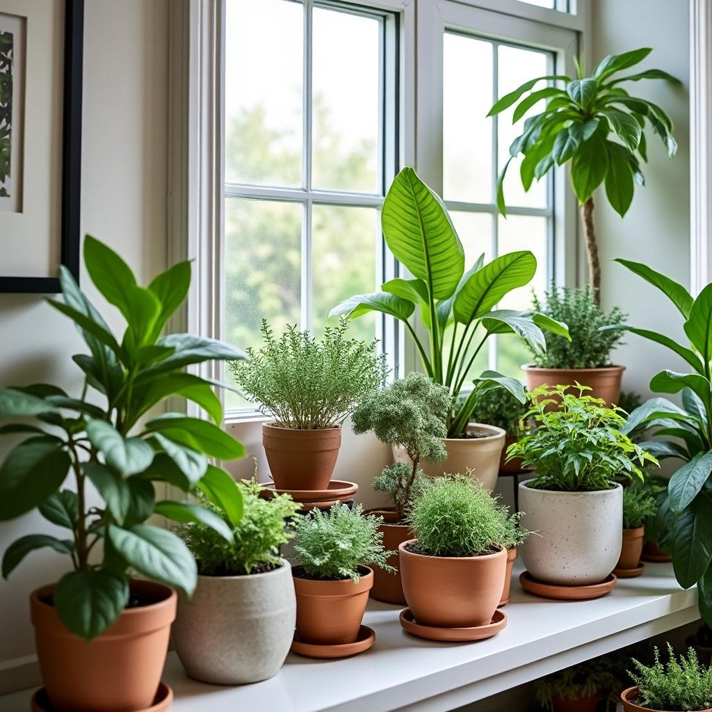 Diversas plantas em vasos de diferentes materiais e tamanhos em uma sala de estar bem iluminada.