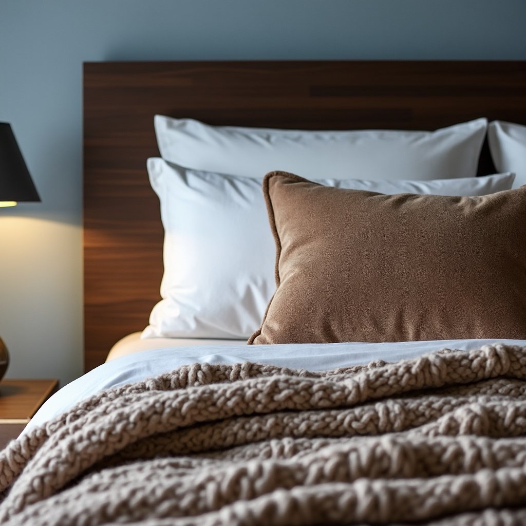 Detalhe de um quarto com parede azul e roupa de cama em tons terrosos, seguindo as tendências de cores para quartos 2025.