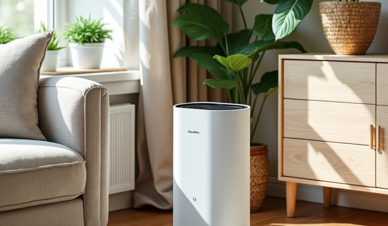 umidificador de ar em uma sala de estar bem iluminada, mostrando como melhorar a casa em períodos de baixa umidade do ar.