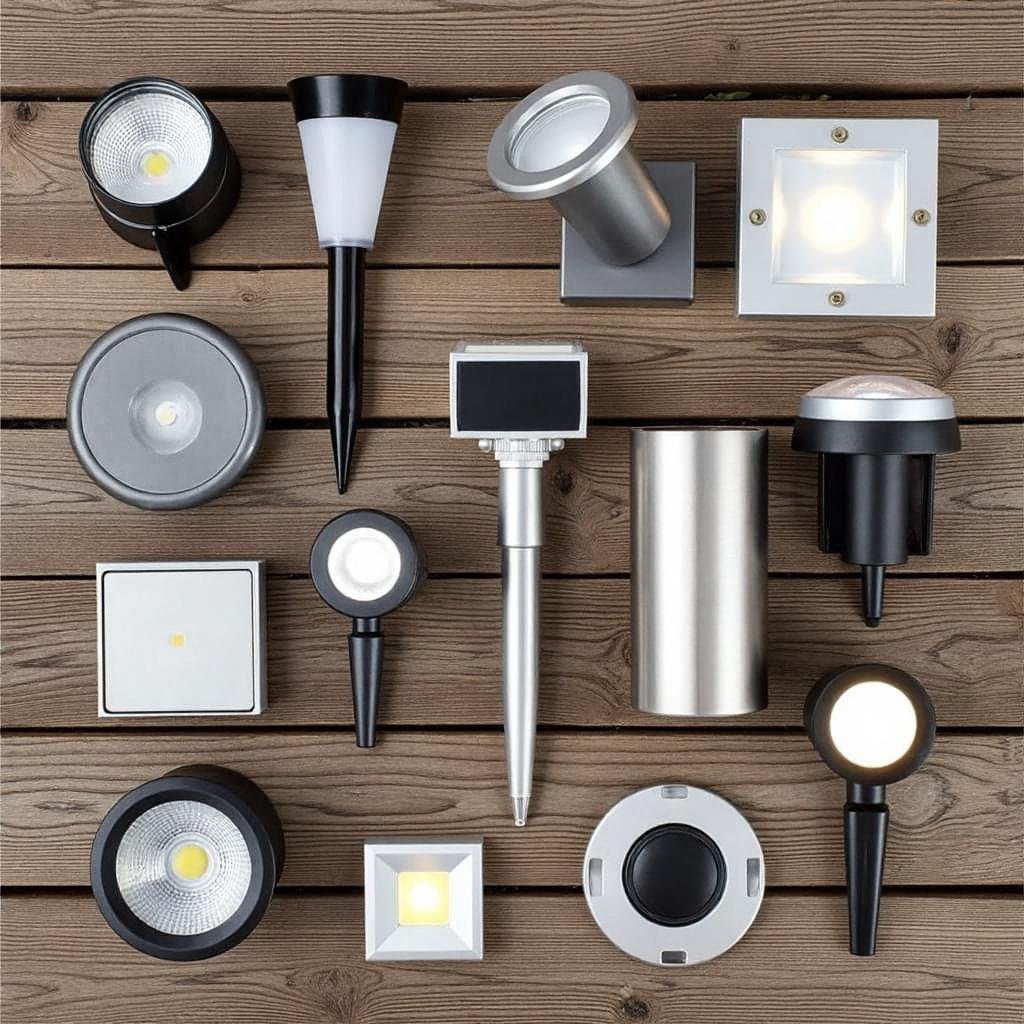 Variedade de luminárias para jardim, incluindo spots, balizadores e arandelas.