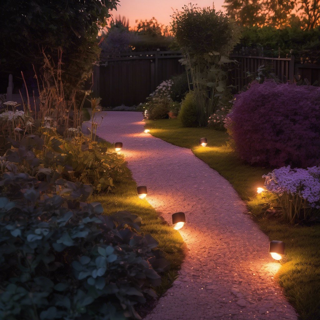 Caminho de jardim iluminado por luminárias solares ao entardecer.