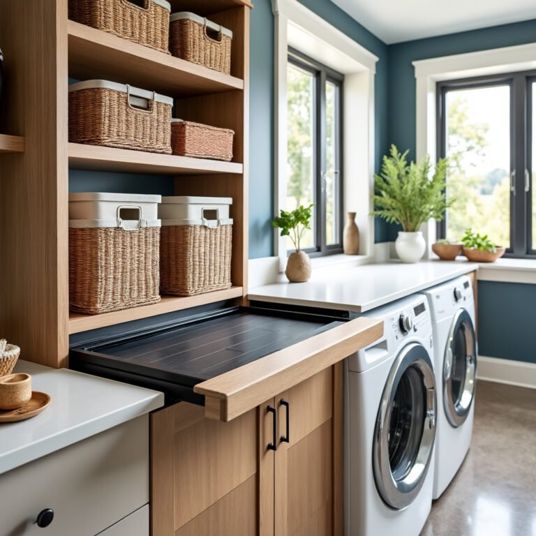 Bancada retrátil e cestos empilháveis em área de serviço pequena organizada.