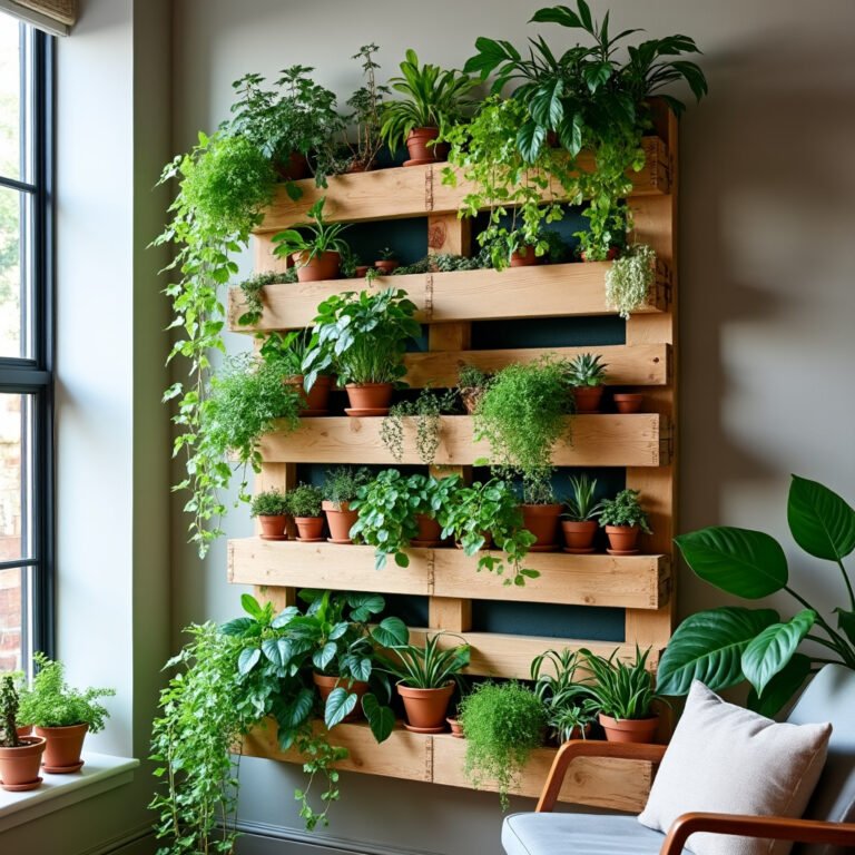 Jardim vertical de pallet de madeira em uma sala de estar iluminada, com plantas suspensas como jiboia e samambaia, mostrando uma tendência de decoração para 2025.