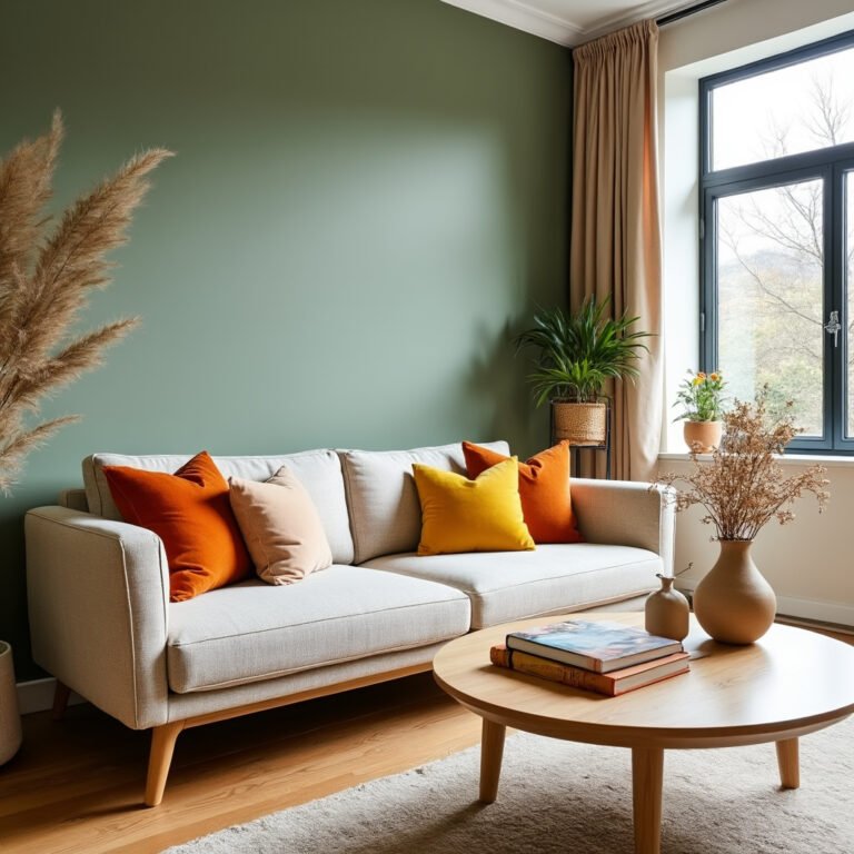 Sala de estar decorada com a paleta de cores 2025, com parede verde-musgo, sofá bege e almofadas em tons terrosos.
