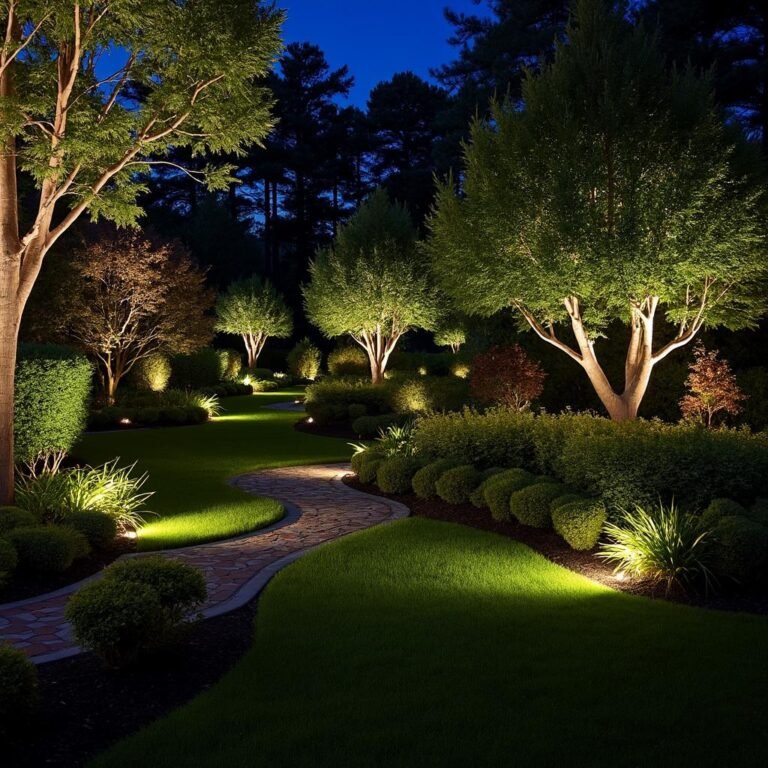 Jardim noturno com iluminação paisagística que realça a beleza das plantas e caminhos.